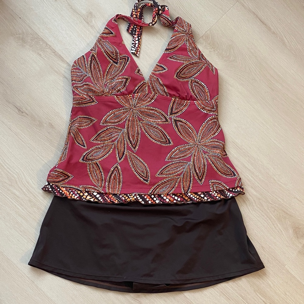 Tropical Escape Multicolor Floral Halter with Brown Skirted Bottom